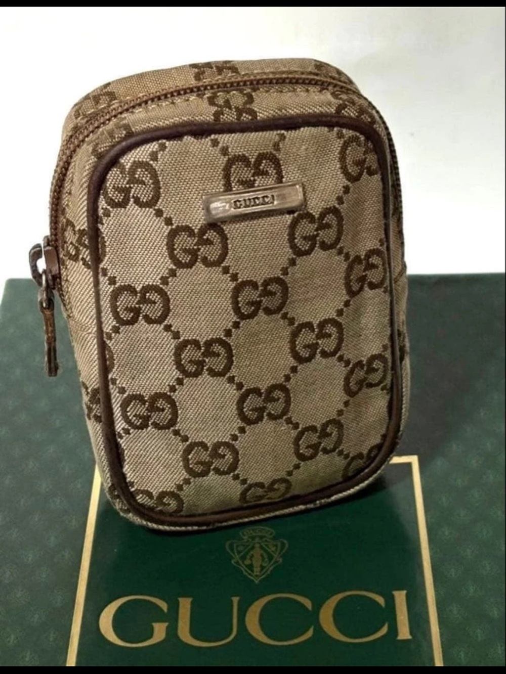 Gucci Brown Beige GG Monogram Cosmetic Pouch